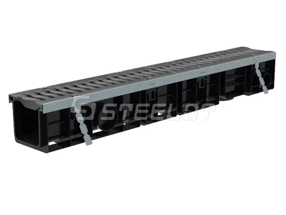 Лоток SteeProPlast DN100 H134 в сборе с усиливающей насадкой и решеткой чугунной, кл. Е600