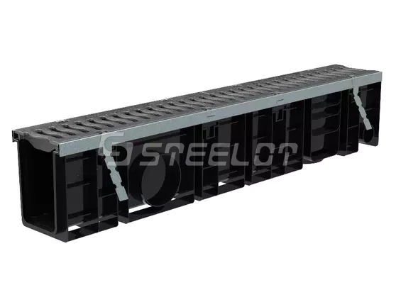 Лоток SteeProPlast DN100 H194 в сборе с усиливающей насадкой и решеткой чугунной, кл. Е600